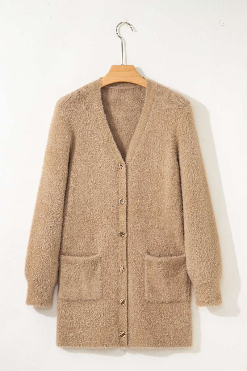Smoke Gray Fuzzy Buttoned Front Midi Solid Cardigan
