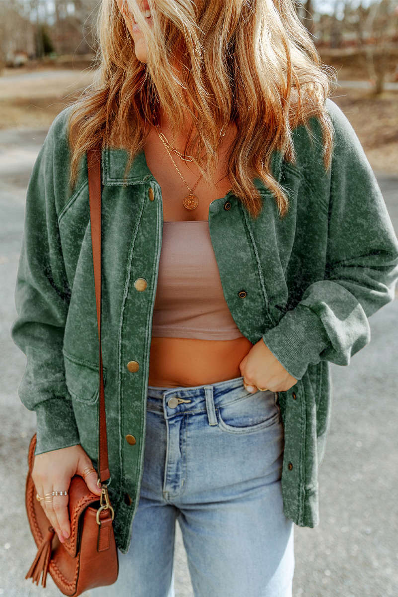 Green Vintage Washed Flap Pocket Button Shacket