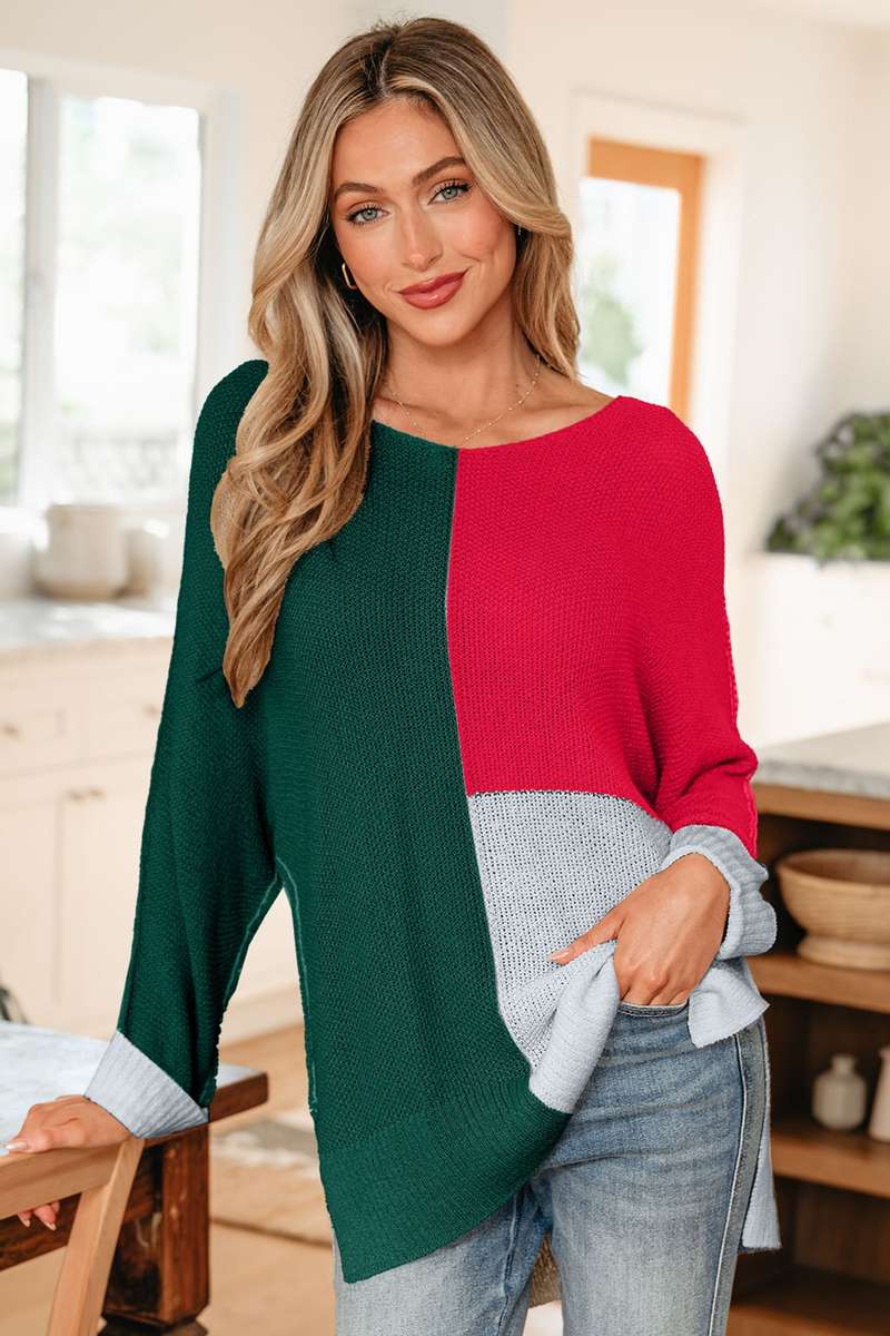 Evergreen Color Block Knit V Neck Loose Sweater