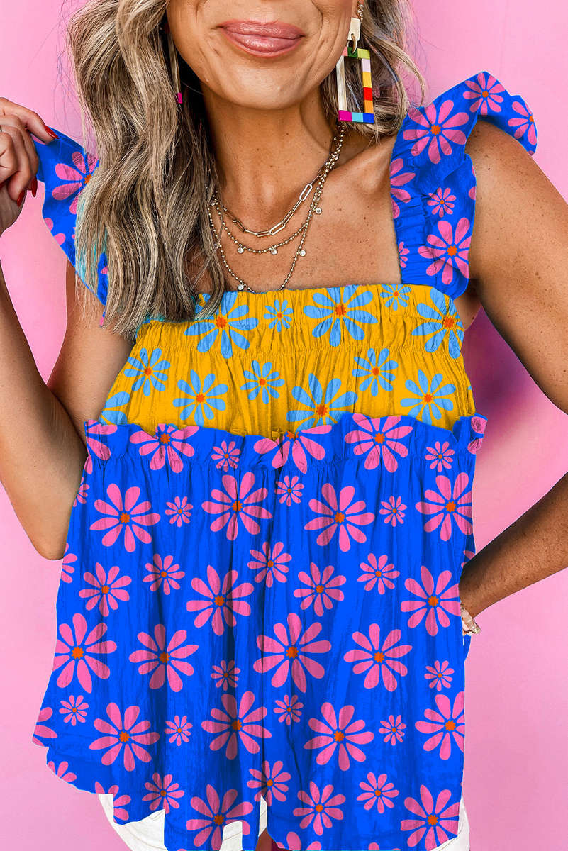 Blue Floral Colorblock Flutter Straps Flowy Tank Top