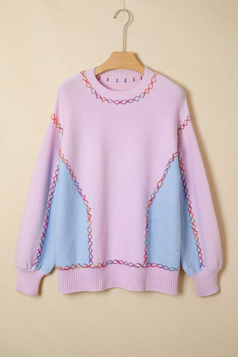 Orchid Bouquet Rainbow Stitching Balloon Sleeve Relaxed Sweater