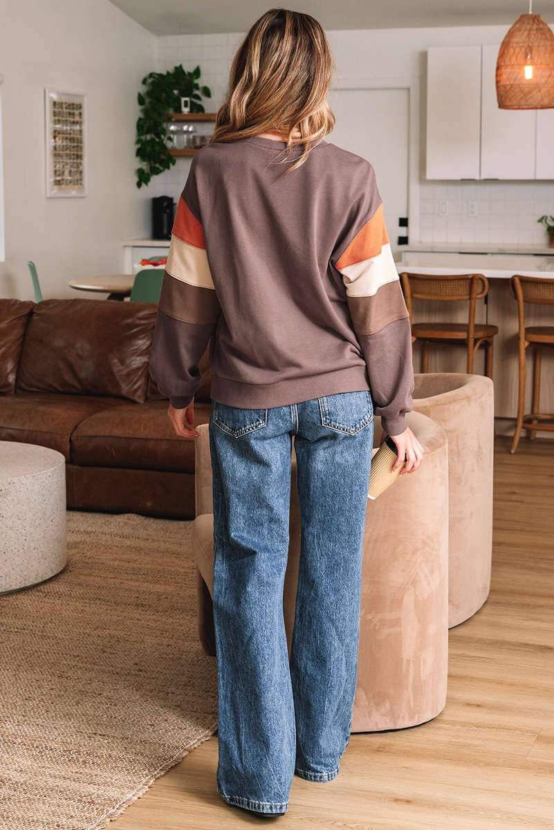 Dark Khaki Color Block Drop Shoulder Pullover Casual Sweatshirt