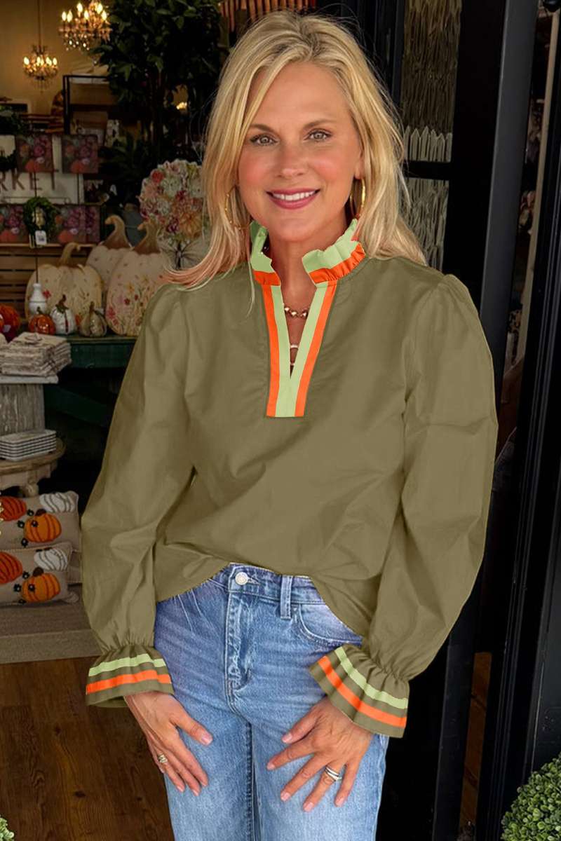 Four Leaf Clover Striped Trim Ruffle Split Neck Long Sleeve Blouse
