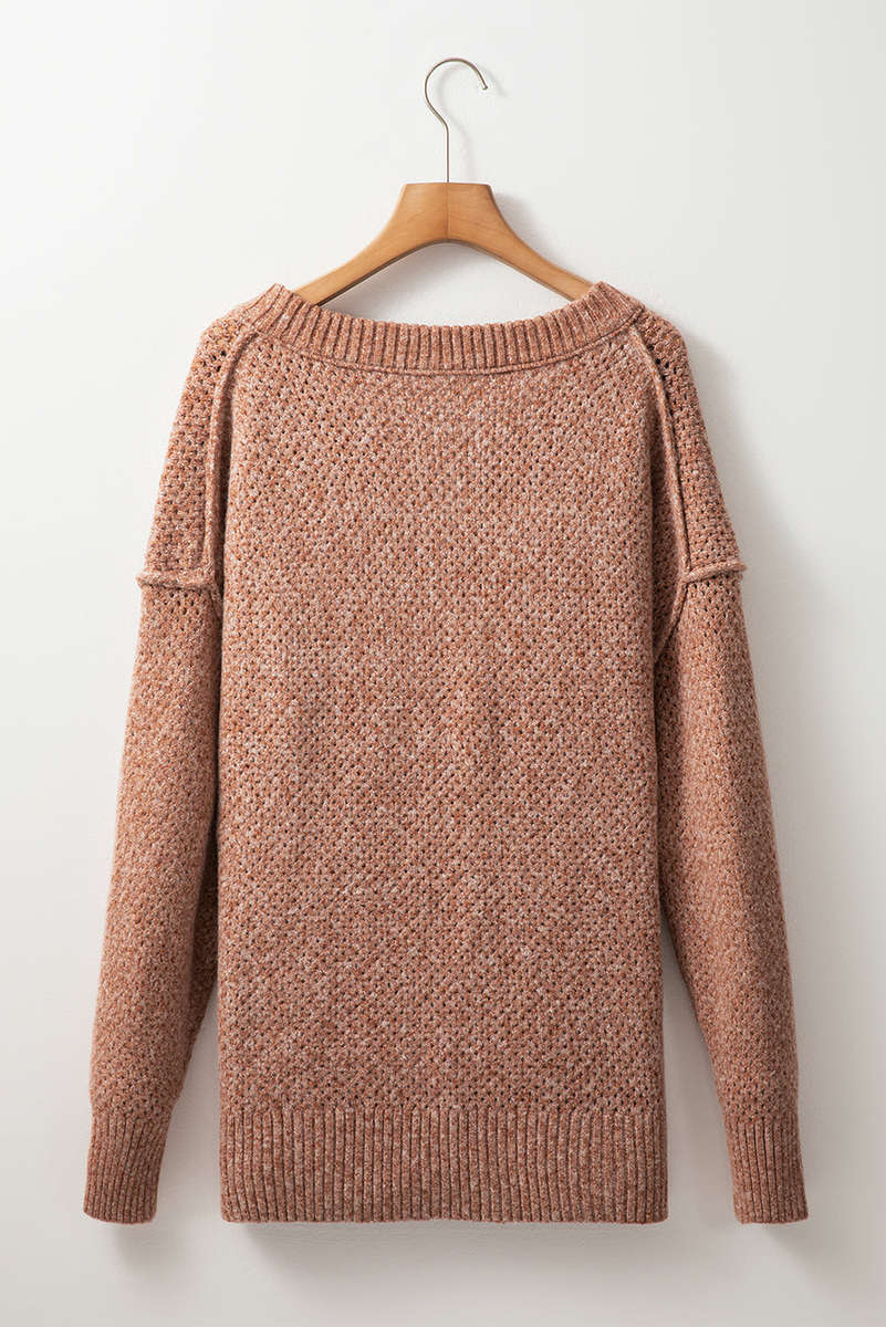 Dark Brown Loose Eyelet V Neck Drop Shoulder Sweater