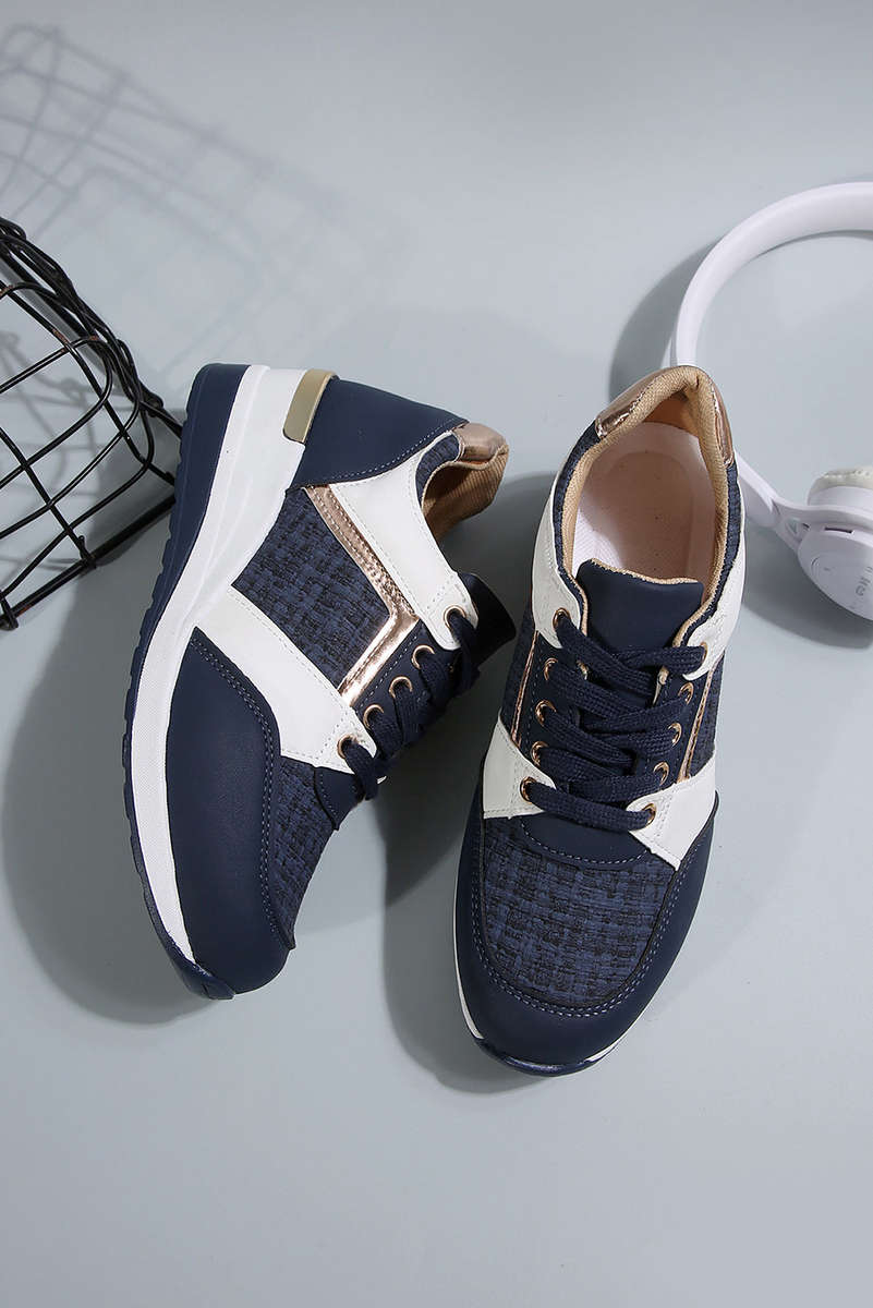 Sail Blue Glitter Patched Lace-up Wedge Sneakers