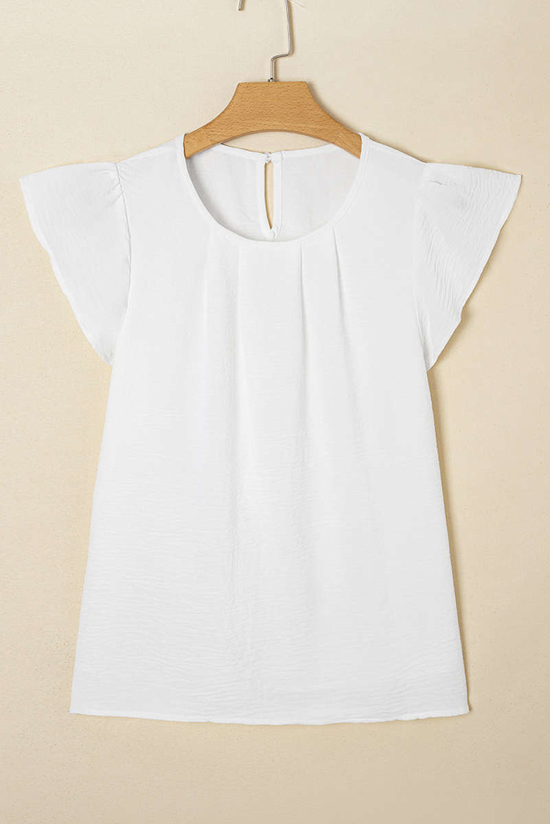 White Flounce Sleeve Pleated Textured Blouse