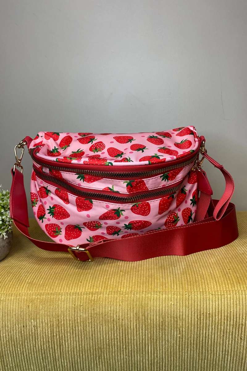 Fiery Red Pretty Checkerboard/ Strawberry Printed Canvas Double Zip Crossbody Bag