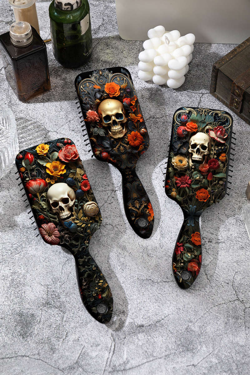 Black Gothic Flower Skull Print Air Cushion Comb