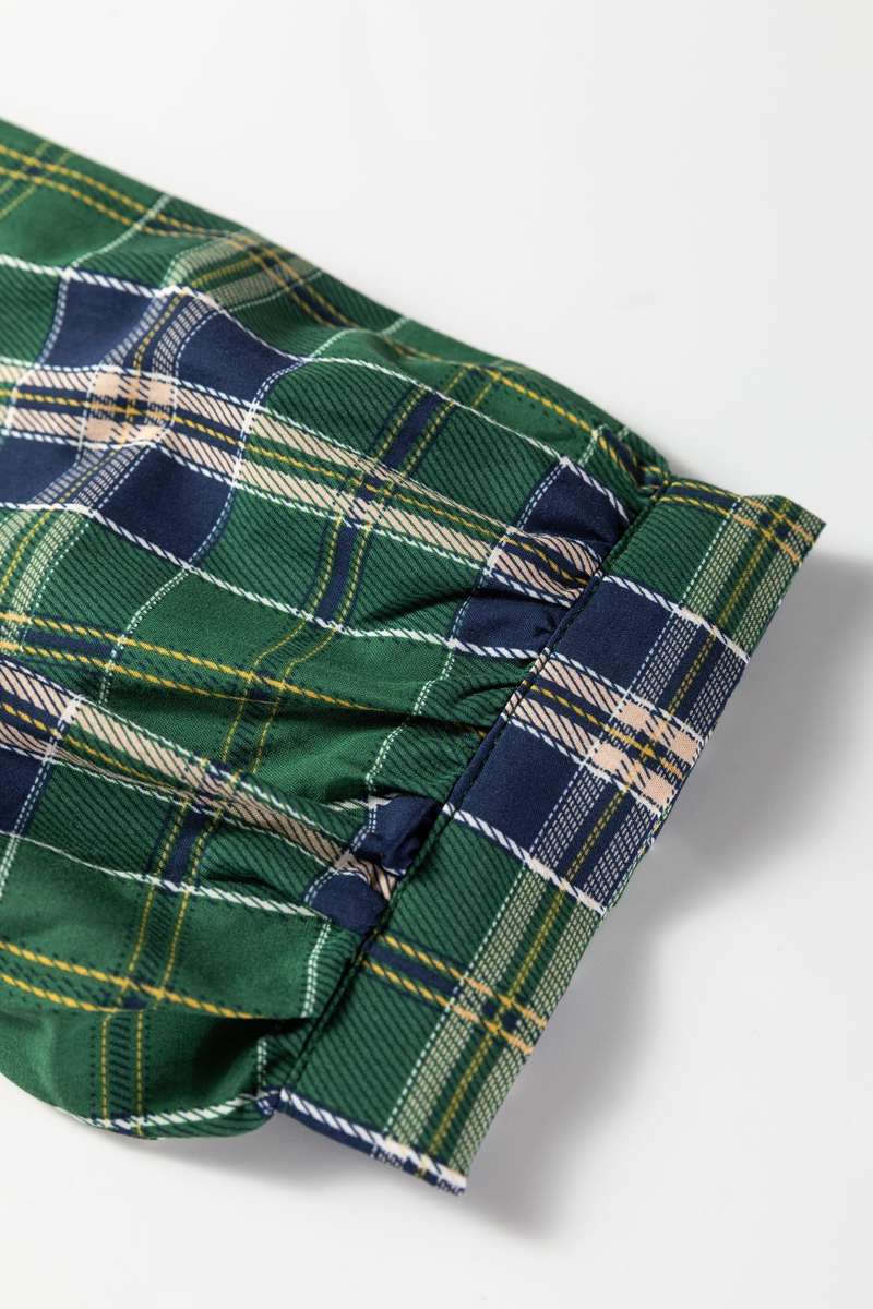 Green Plus Size Plaid Long Sleeve Notched Neck Shift Mini Dress