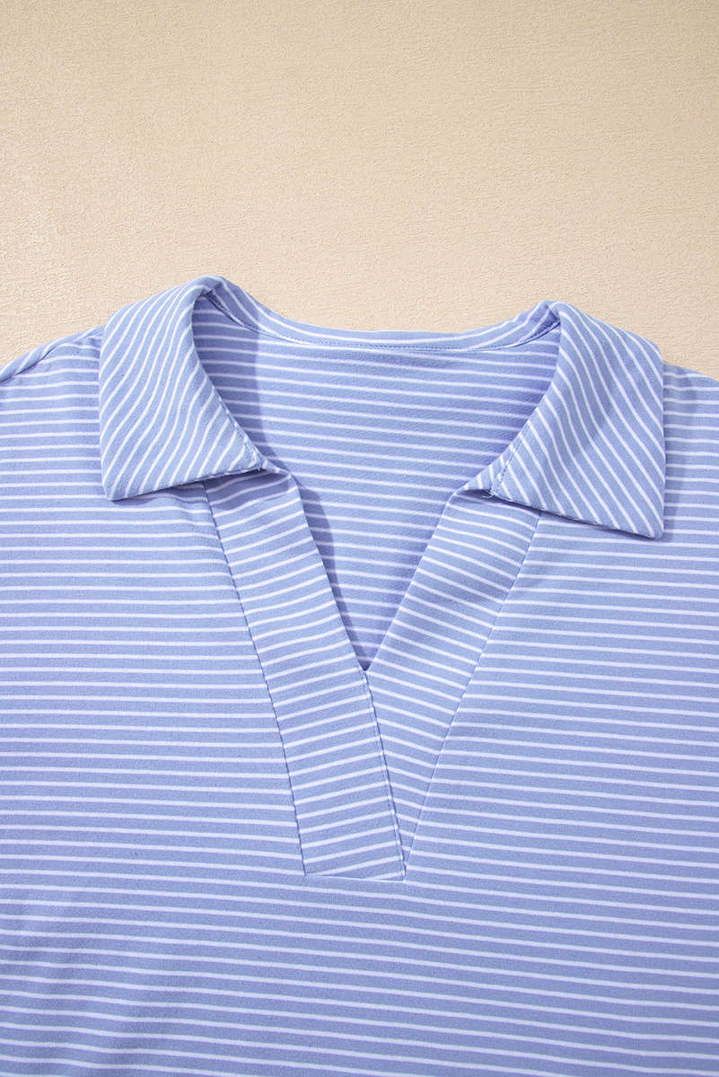 Sky Blue Stripe Dolman Sleeve Polo Shirt and Drawstring Shorts Set