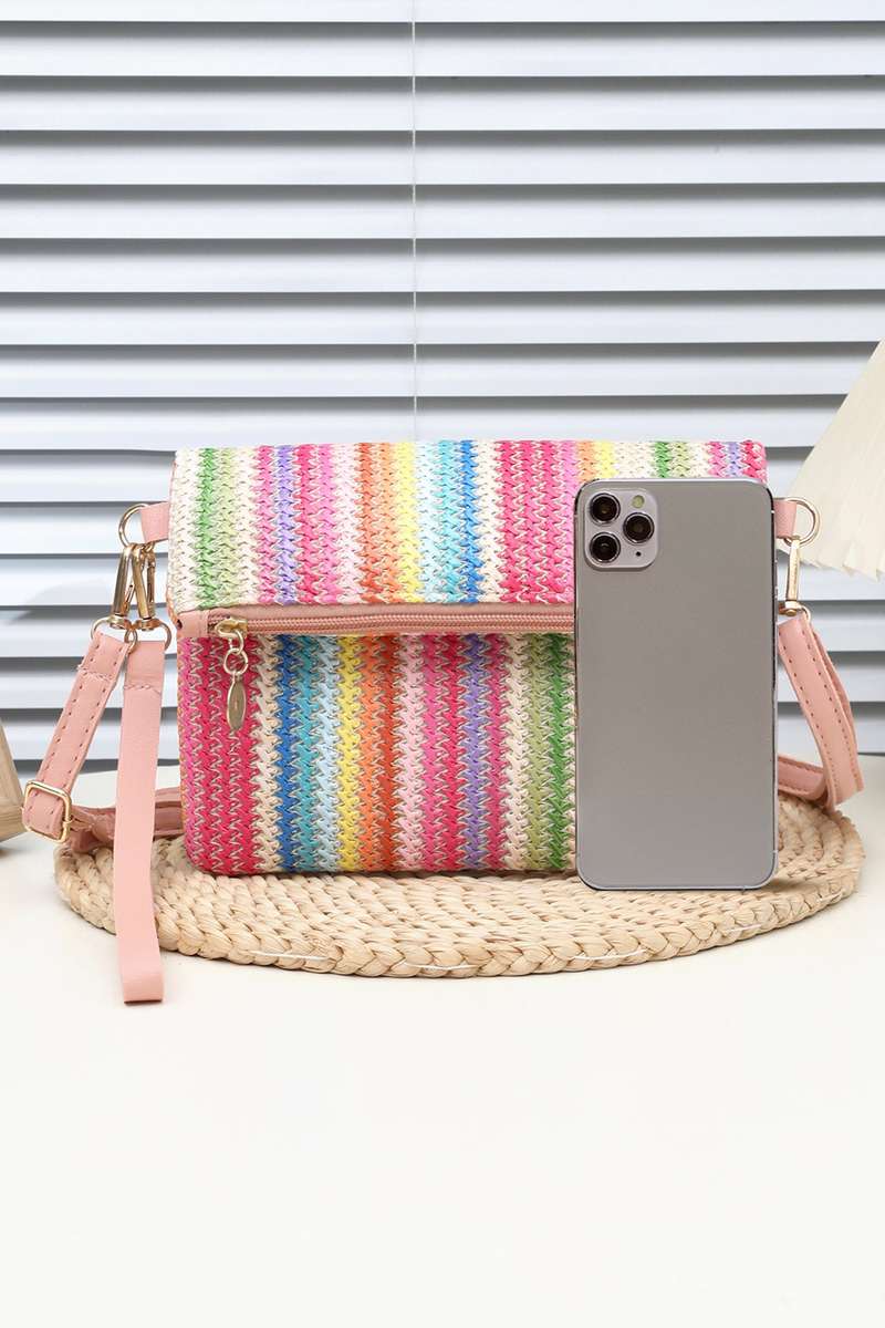 Pink Striped Straw Woven Zip Folded Magnetic Button Shoulder Bag