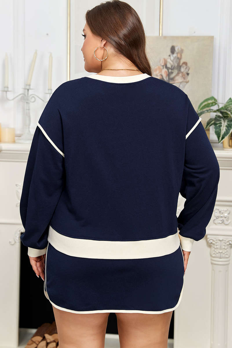 Navy Blue Plus Color Block Drop Shoulder Top and Lace-up Skirt Outfit
