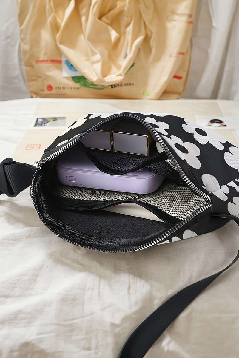 Black Flower Pattern Zipper Cross Body Bag