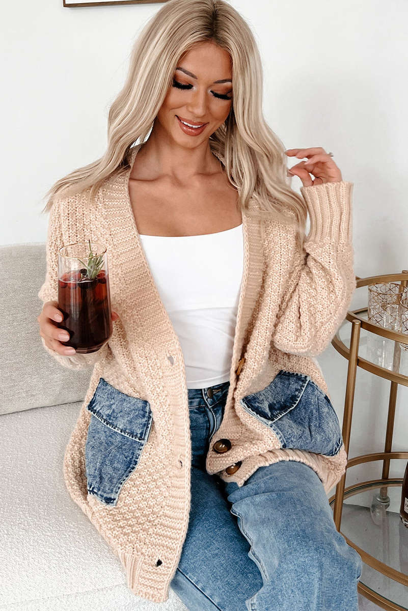 Smoke Gray Open Front Knitted Denim Pocket Patchwork Cardigan