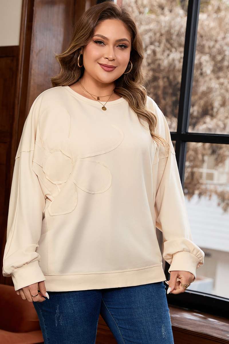 Beige Flower Patched Mineral Wash Round Neck Plus Size Top