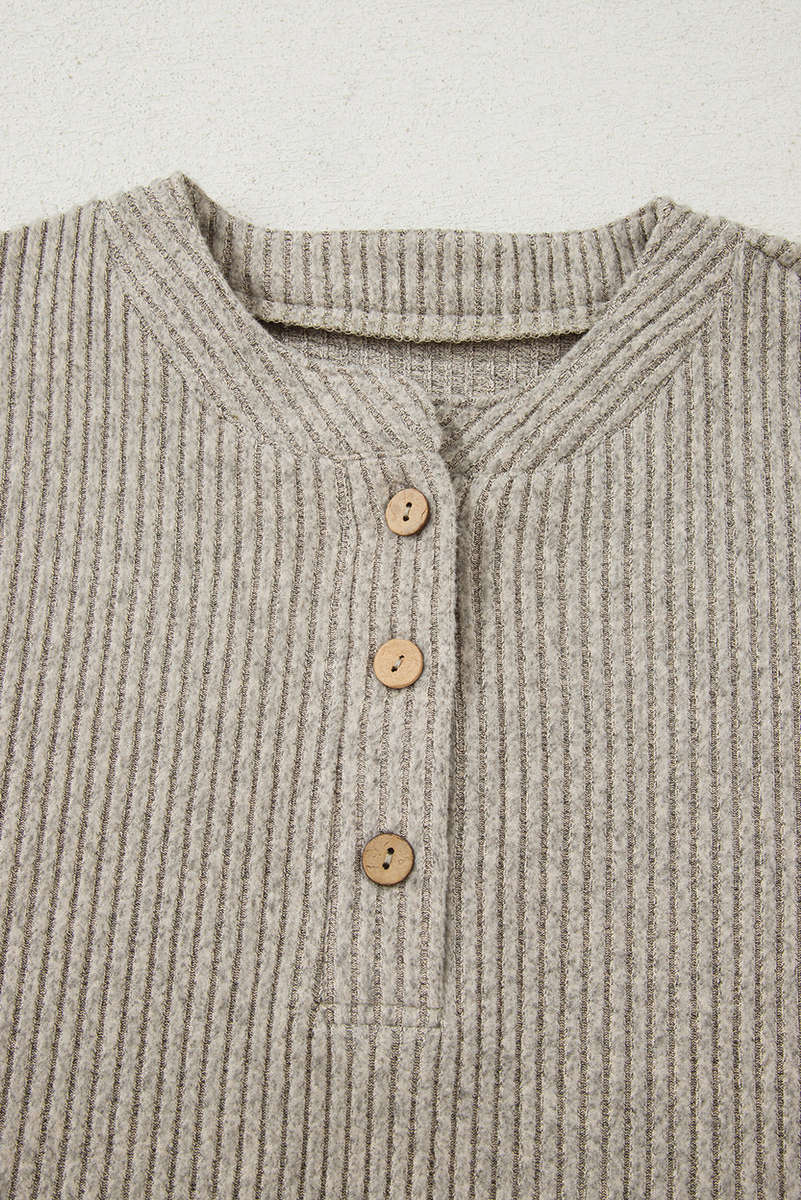 Simply Taupe Ribbed Texture Drop Shoulder Henley Knit Top