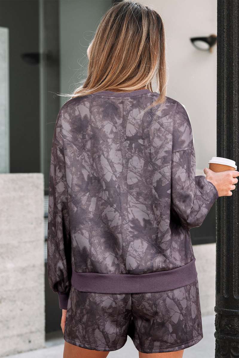 Brown Abstract Woodland Camo Print Baggy Pullover Drawstring Shorts Set