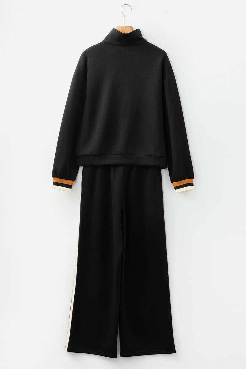 Black Striped Patchwork Quarter Zip Pullover Loose Pant Set