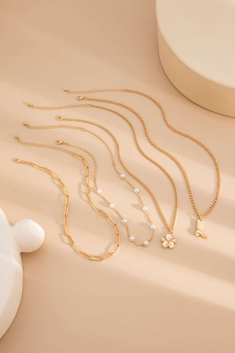 Gold Plated Flower Boot Pendent Pearl Chaining Necklace