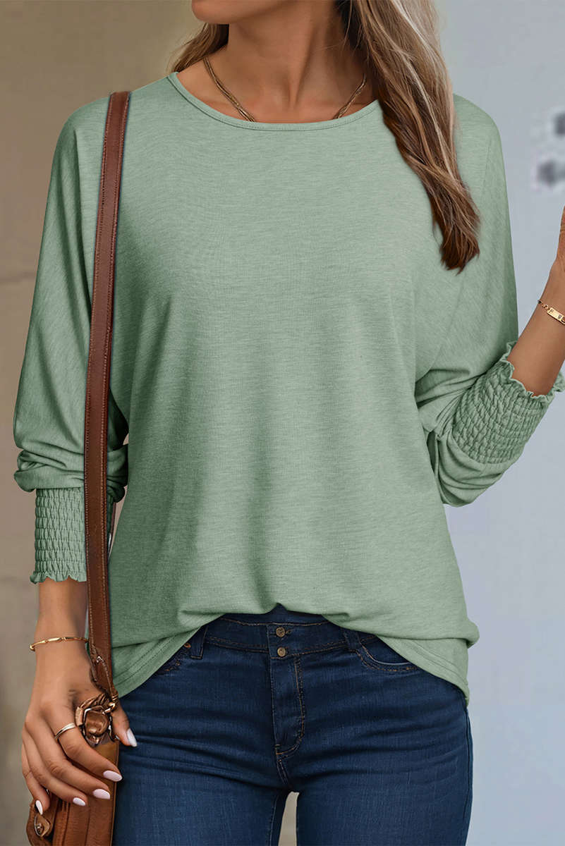 Green Shirred Cuffs Solid Long Sleeve T Shirt