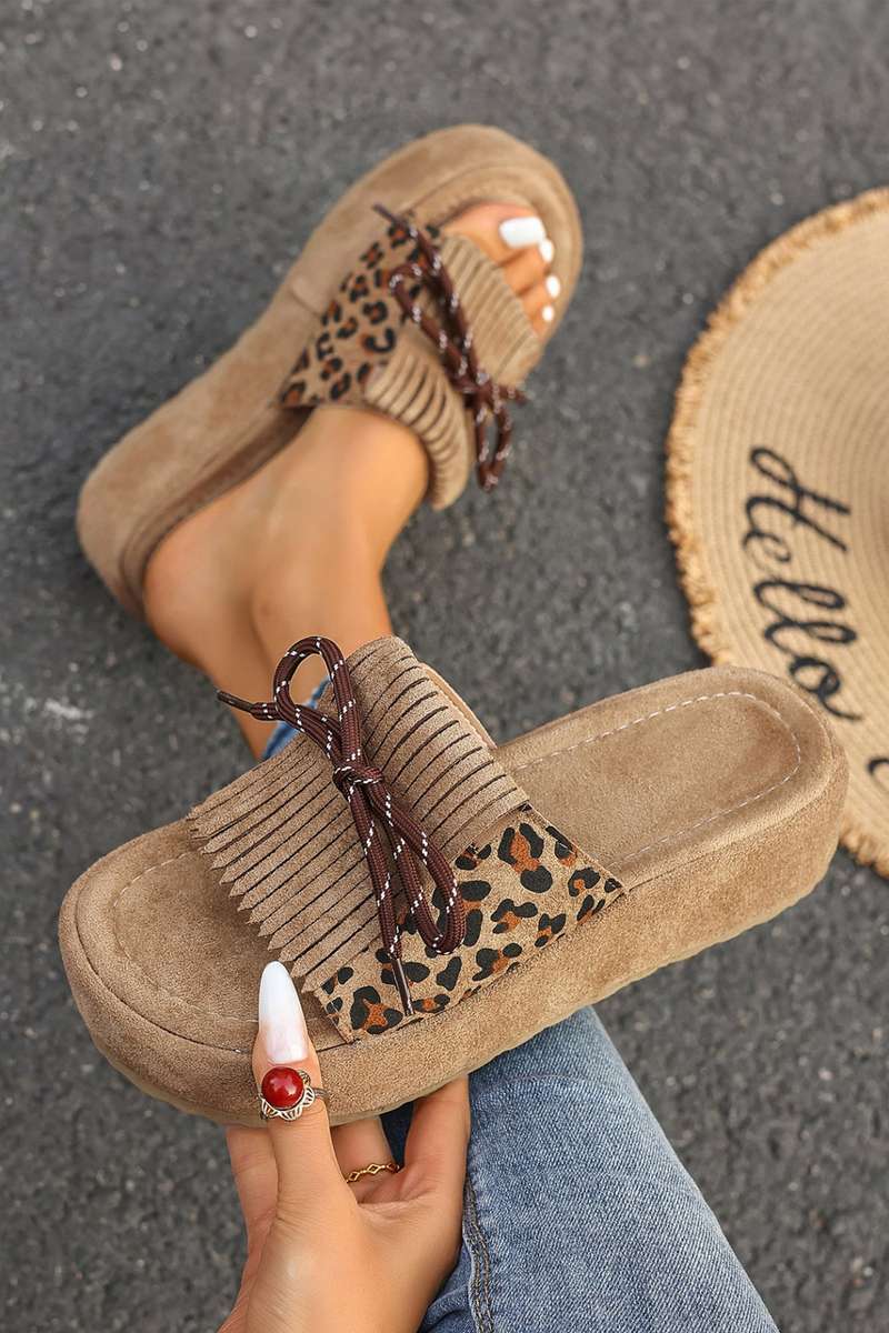 Coffee Leopard Faux Suede Slashed Lace-up Detail Platform Slippers