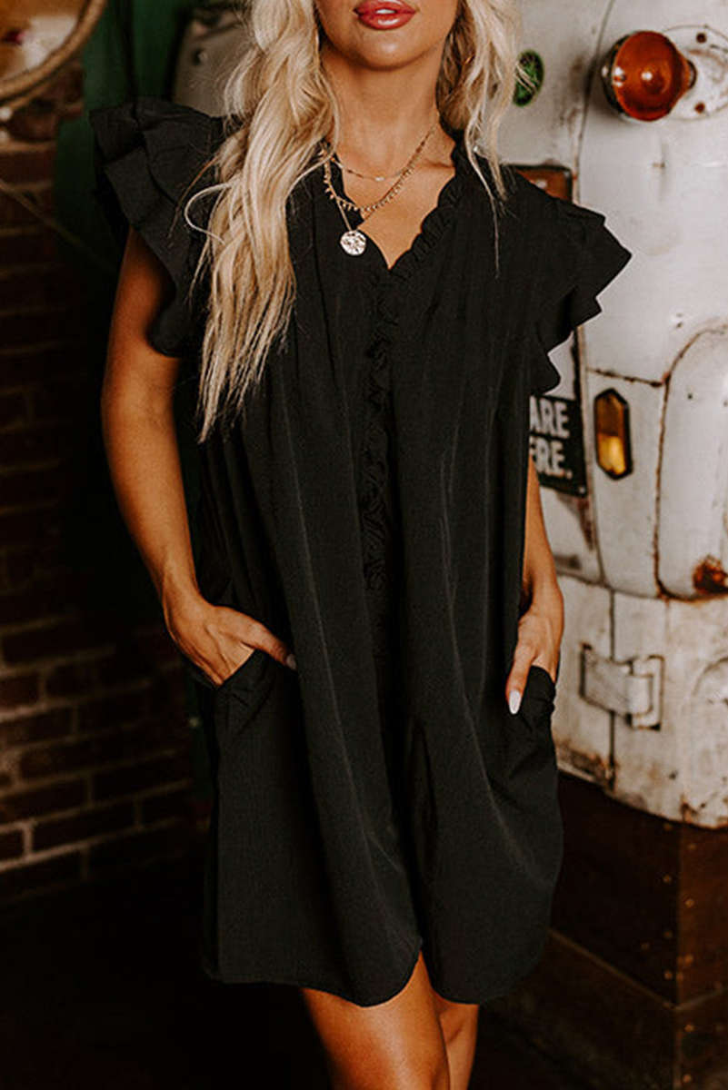 Black Frilled V Neck Pleated Ruffle Detail Short Shift Dress
