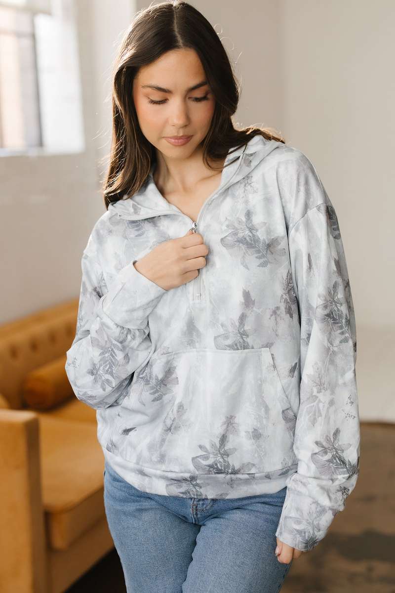 Gray Camo Leaf Print Kangaroo Pocket Quarter Zip Hoodie