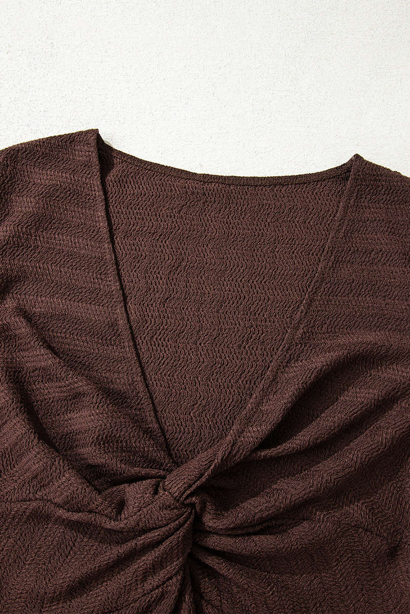 Coffee Textured Twist Front V Neck Long Sleeve Slim Solid Color Top