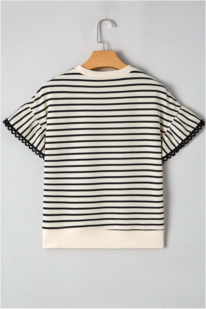Black Stripe Sequin America Star Graphic Ric Rac Flutter Sleeve Blouse