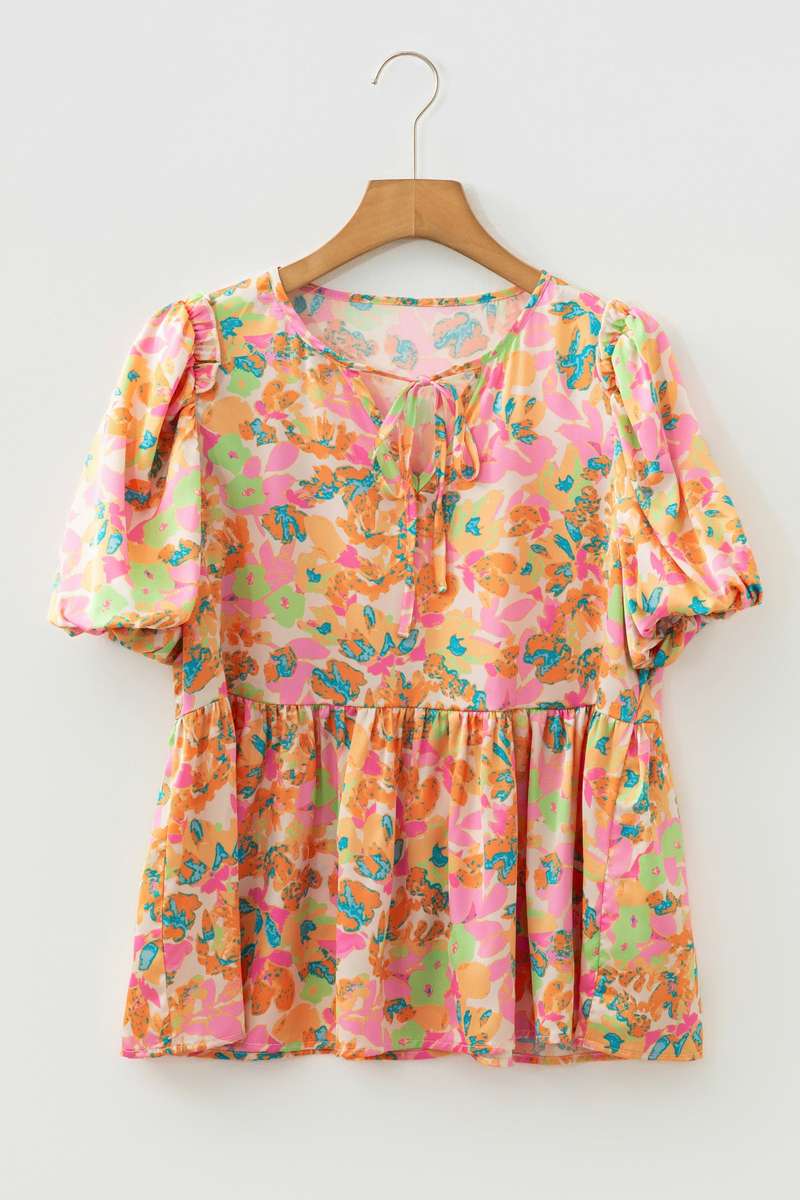 Orange Split V Neck Short Sleeve Flower Blouse