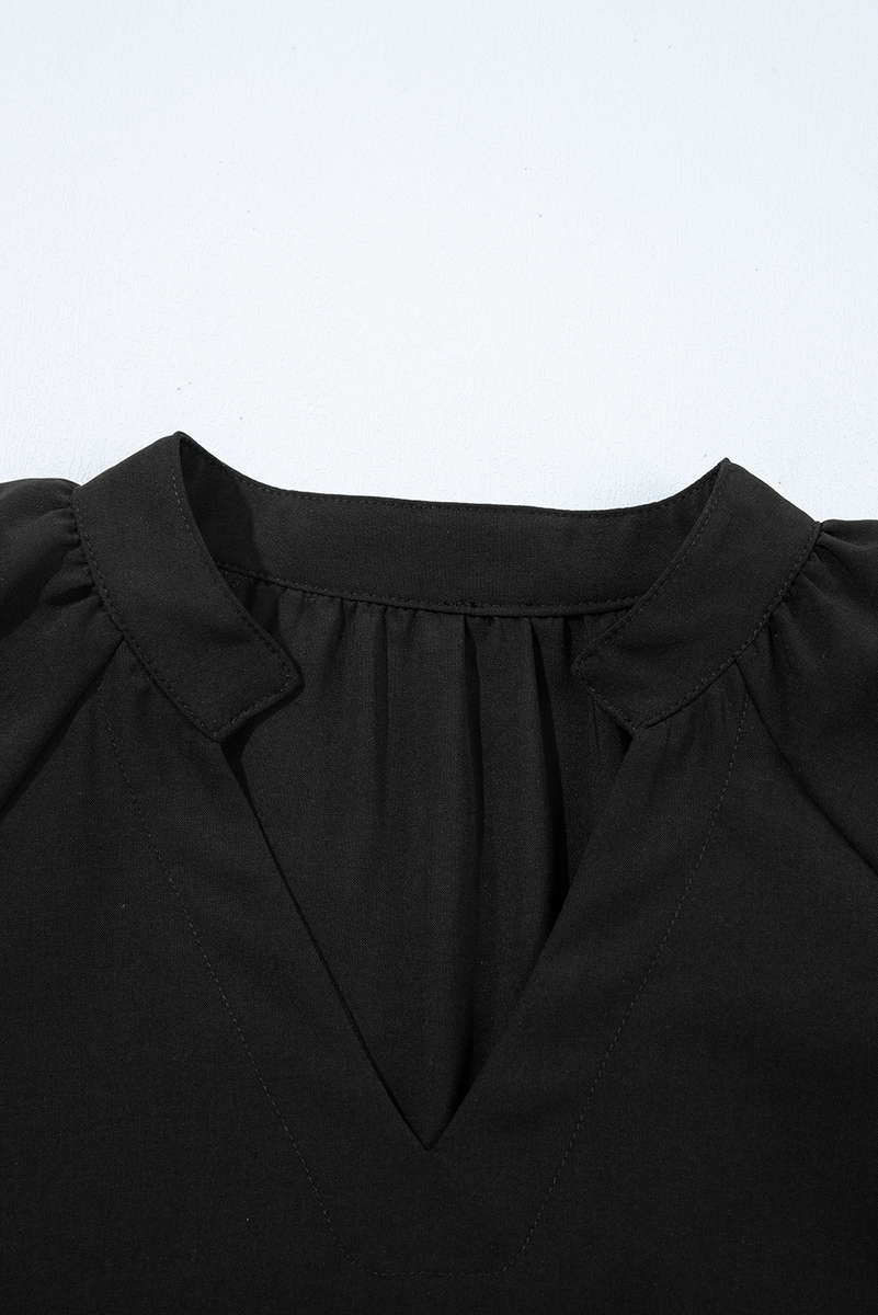 Black Bow Decor Puff Sleeve Split Neck Blouse