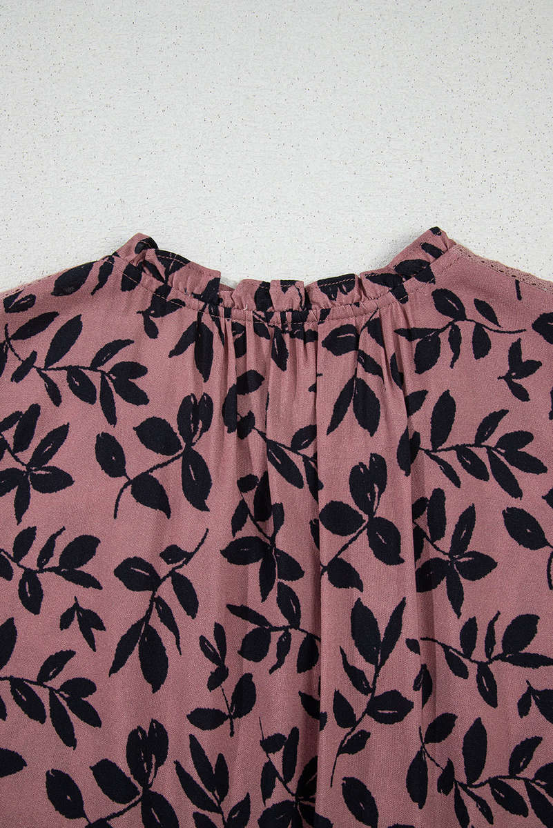Brown Leaf Print Lace-up V Neck Crinckled Tank Top