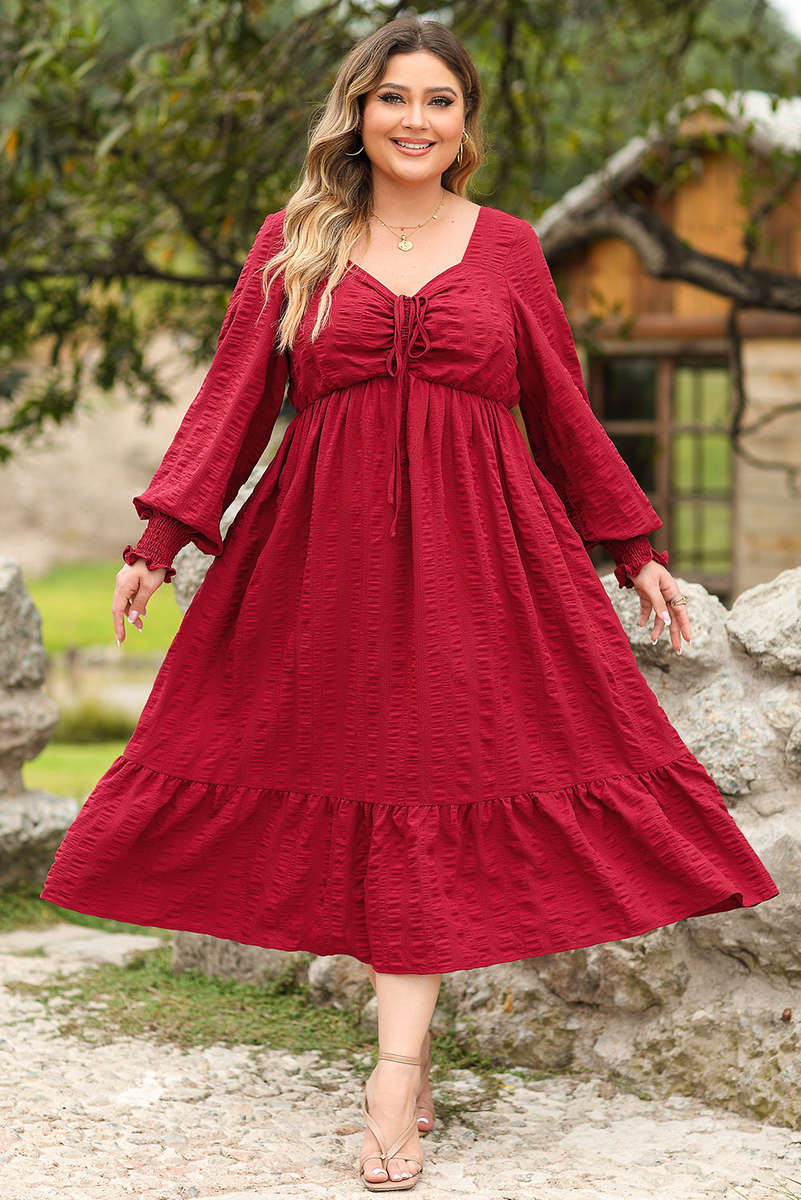 Fiery Red Lace-up Ruched Front Long Sleeve Ruffle Hem Plus Size Midi Dress