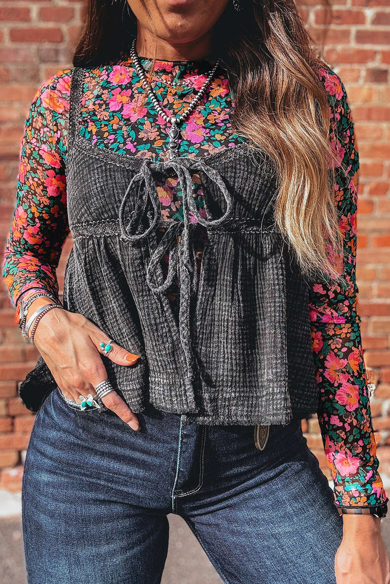 Rose Slim Fit Floral Mesh Long Sleeve Mock Neck Top