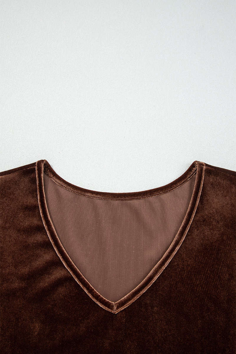 Chicory Coffee Solid Color Velvet V Neck Long Sleeve Tiered Mini Dress