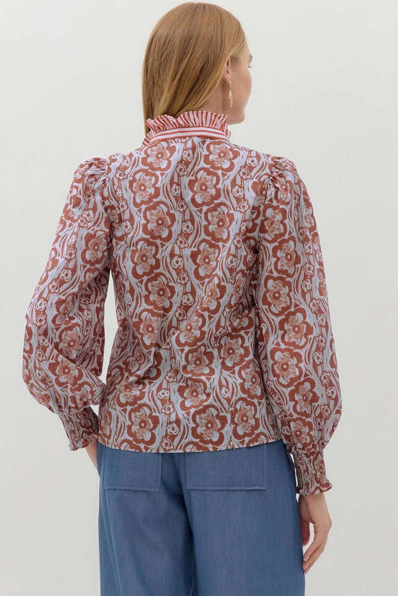 Floral Print Frilled Striped Trim Button Down Smocked Cuffs Long Sleeve Shirt