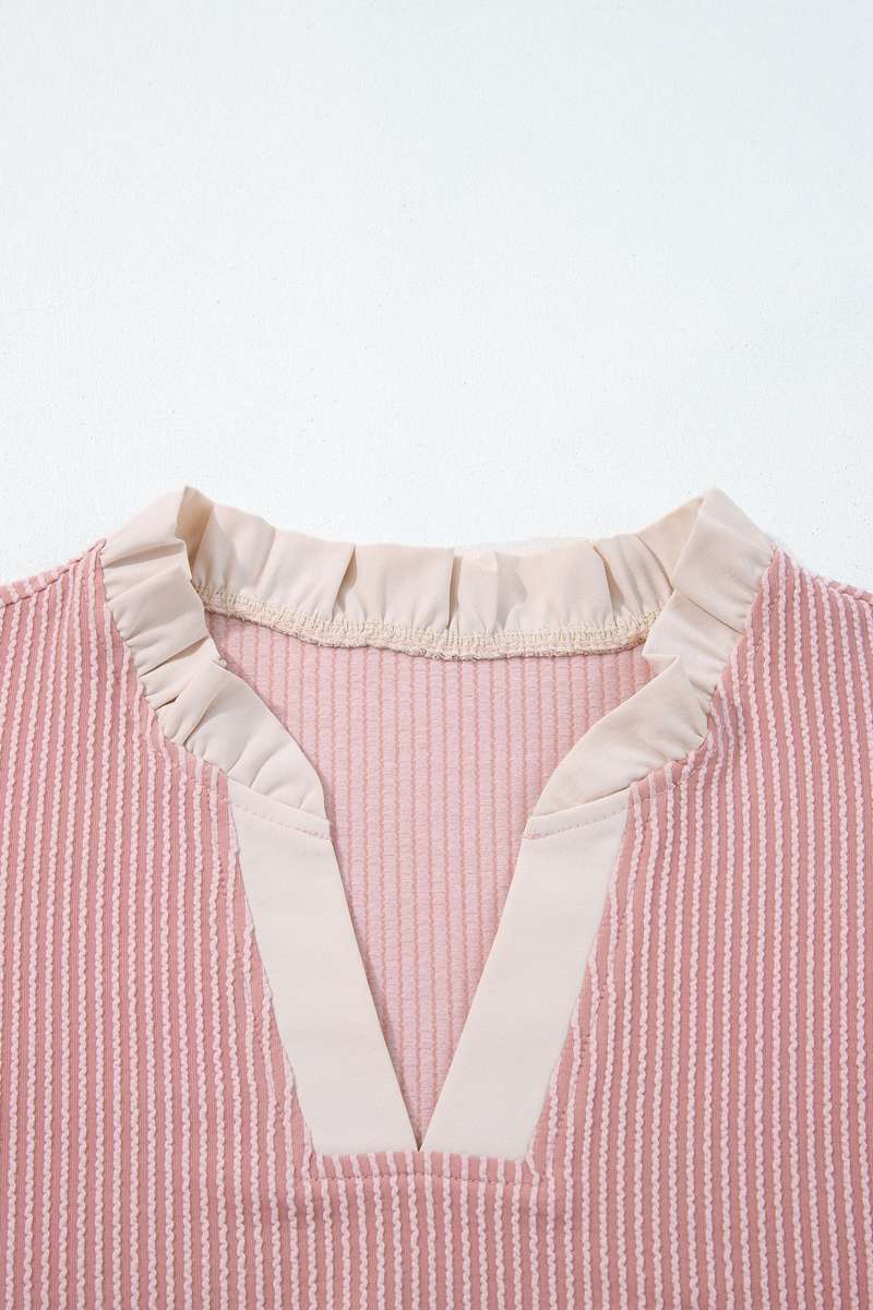 Fushia Plus Size Contrast Frilled Neckline Ruffled Short Sleeve Ribbed Textured Blouse