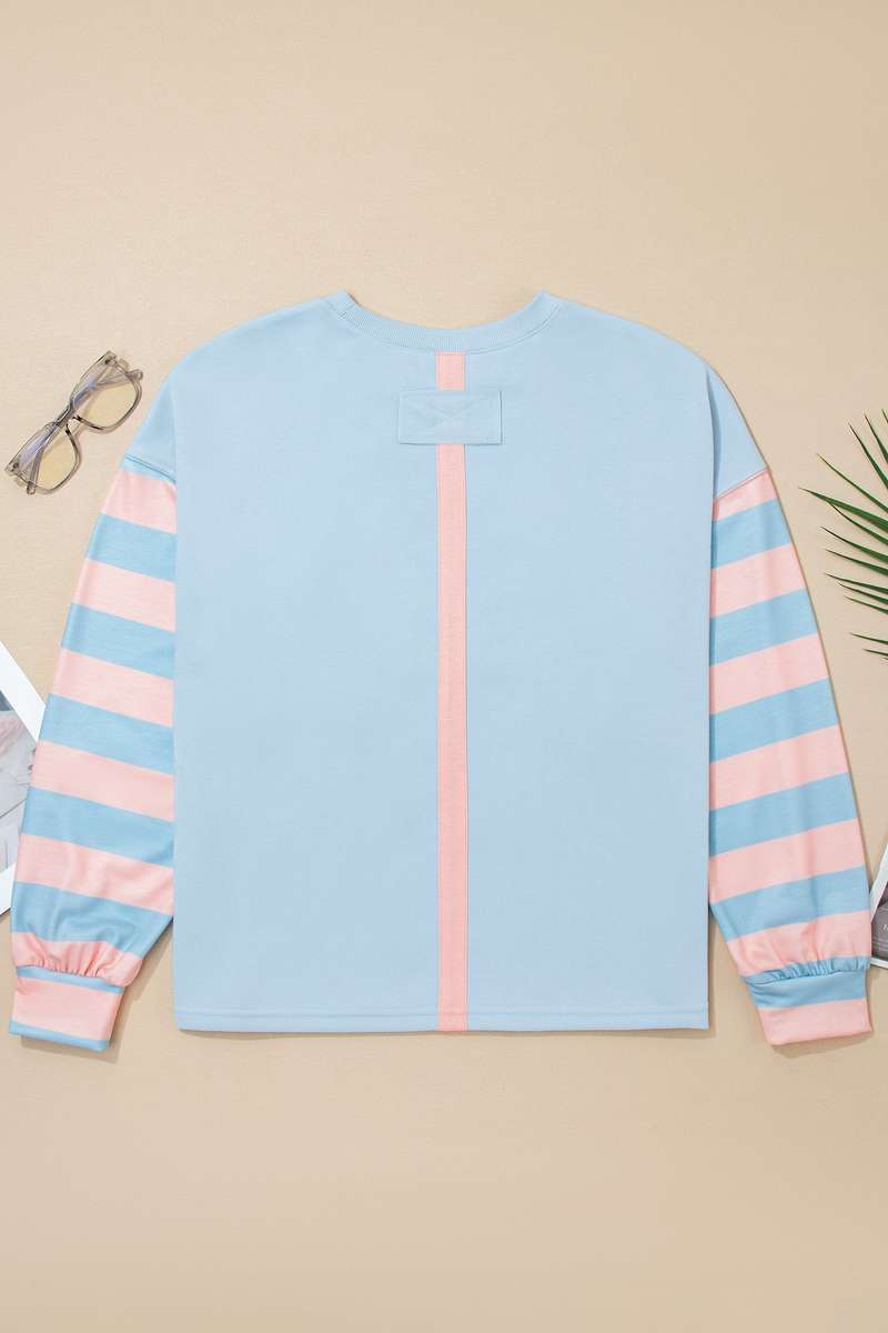 Beau Blue Big Flower Patch Drop Shoulder Striped Long Sleeve Top