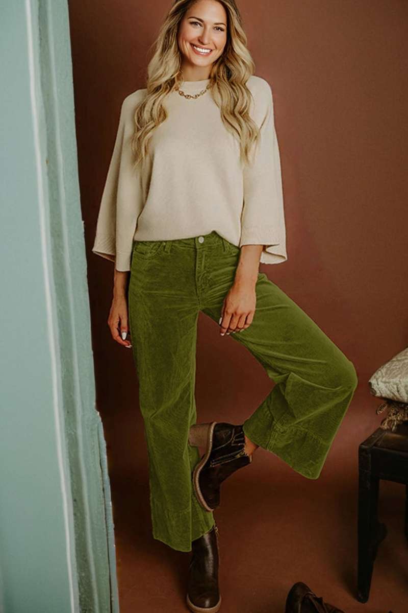 Vineyard Green Corduroy Solid Color High Waist Wide Leg Pants