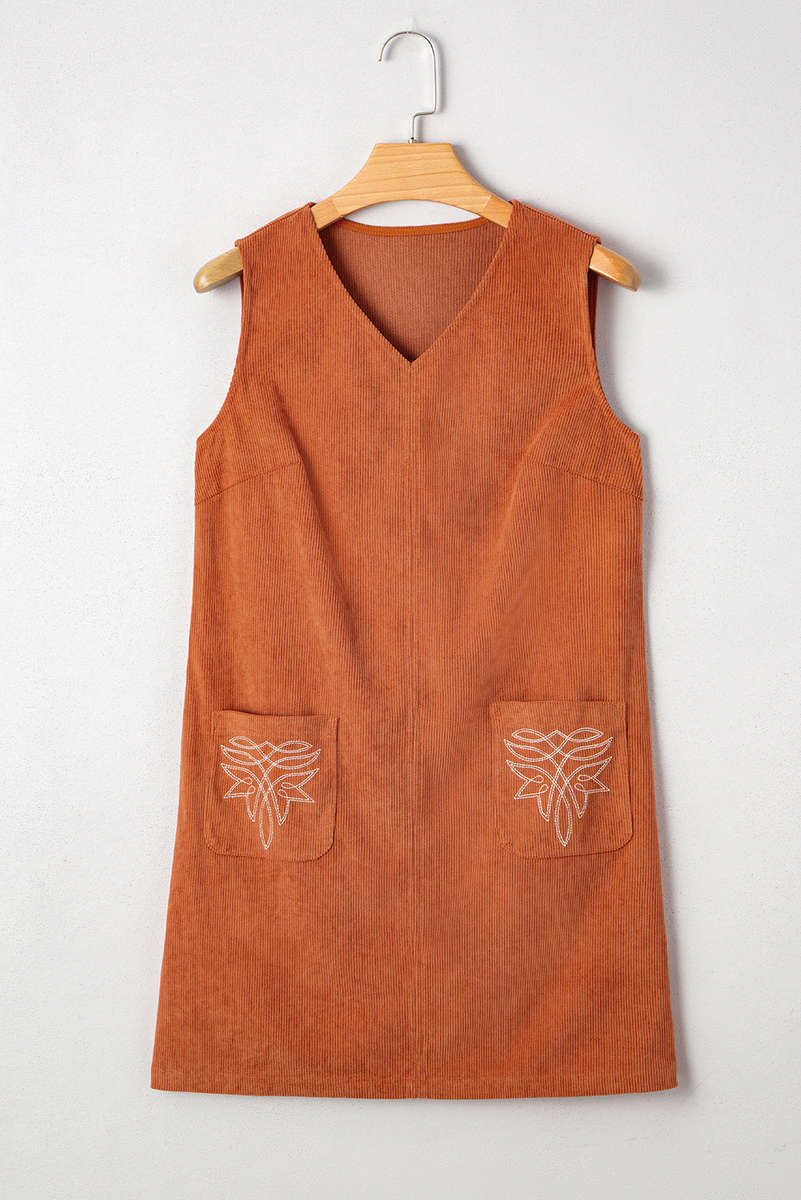 Gold Flame Corduroy Western Embroidered Patched Pocket Shift Sleeveless Mini Dress