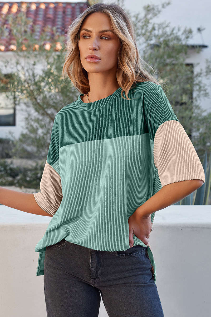 Mint Green Color Block Ribbed Side Slits Half Sleeve Top