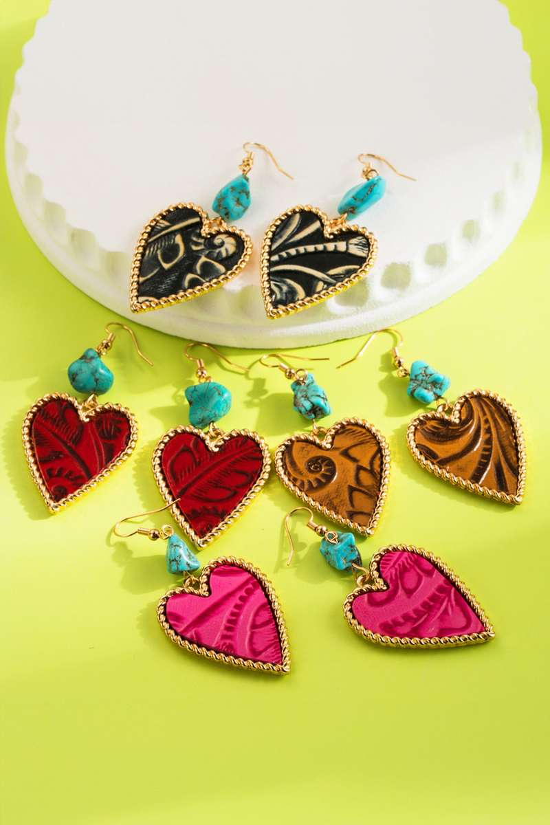 Rose Red Playful Heart Dangle Turquoise Detail Open Hook Earrings