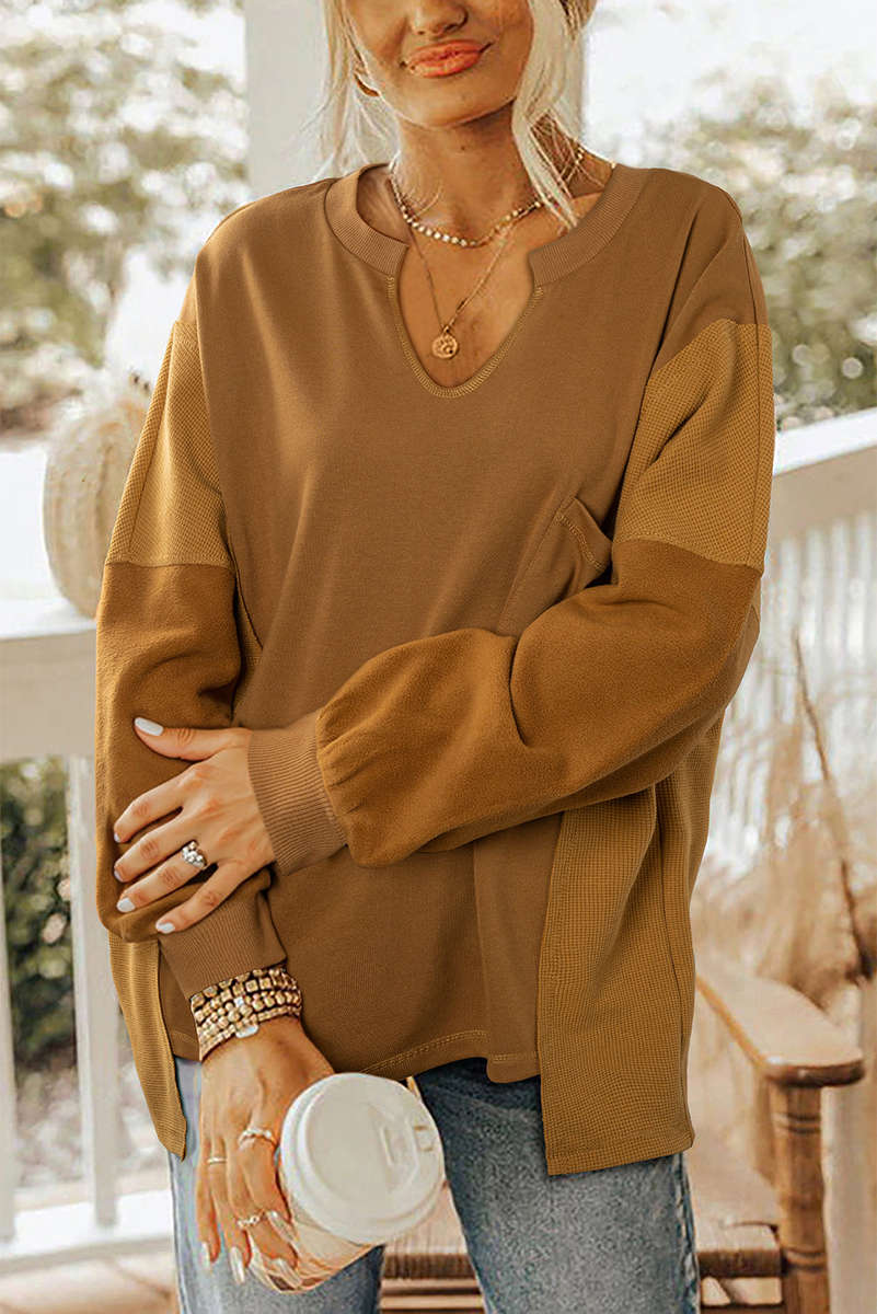 Multicolor Oversized Mixed Textured Split Neck High Low Patchwork Sweatshirt