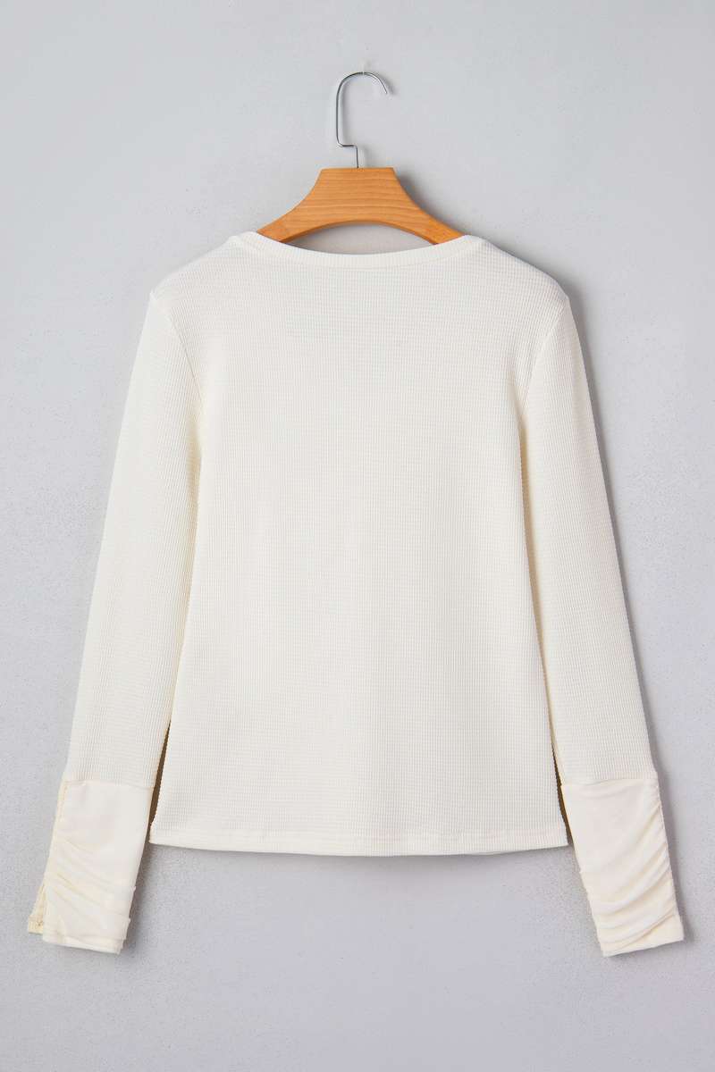 Beige Thermal Knit Lace Ruched Patchwork Long Sleeve V Neck Top