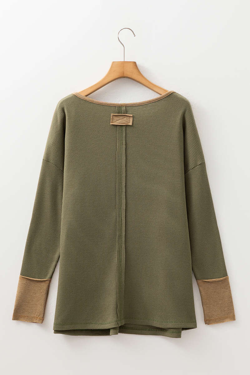 Vineyard Green Color Block Waffle Textured Tunic Henley Top with Slits