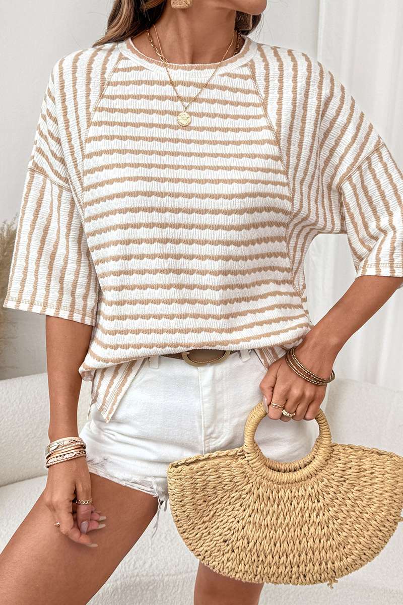 Apricot Stripe Textured Knit Split Hem Half Sleeve Loose Top