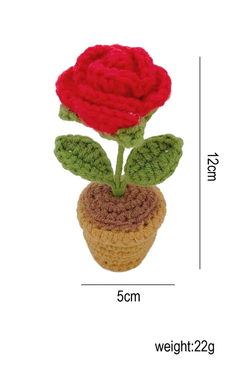 Fiery Red Crochet Rose Flower Plant Pot Decoration