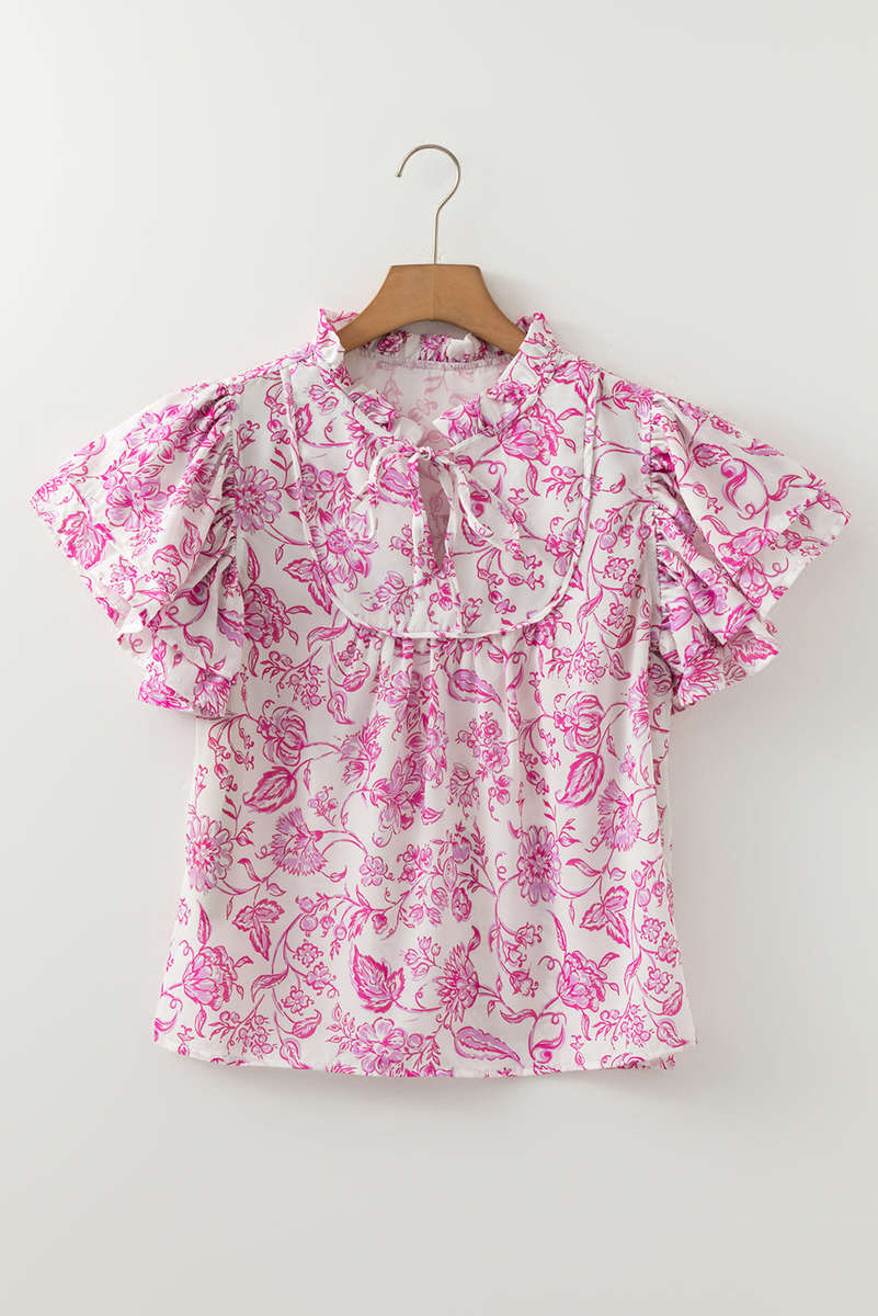 Pink Baroque Floral Ruffle Sleeve V Neck Blouse Top