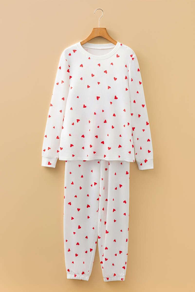 Fiery Red Tiny Hearts Printed Long Sleeve Top Drawstring Lounge Pant Set