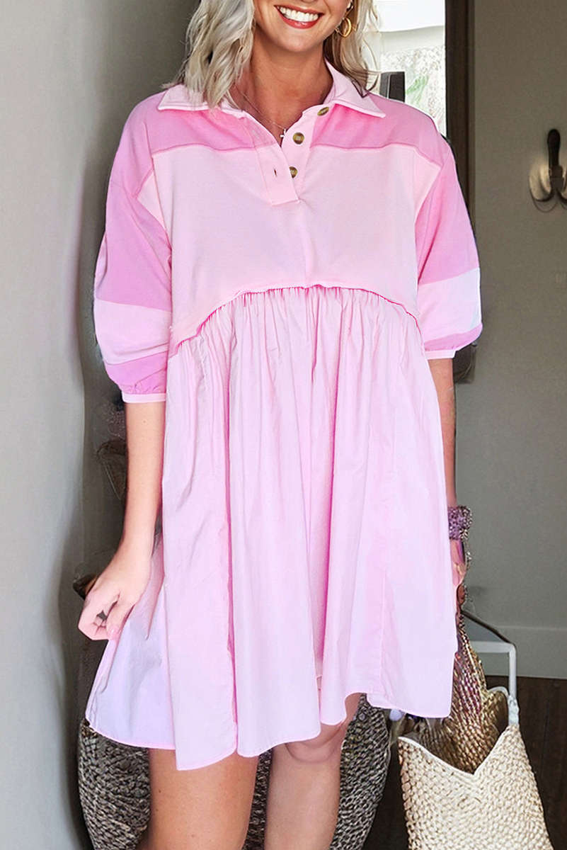 Pink Raw Seam Color Block Patchwork Button Polo Collar Mini Dress